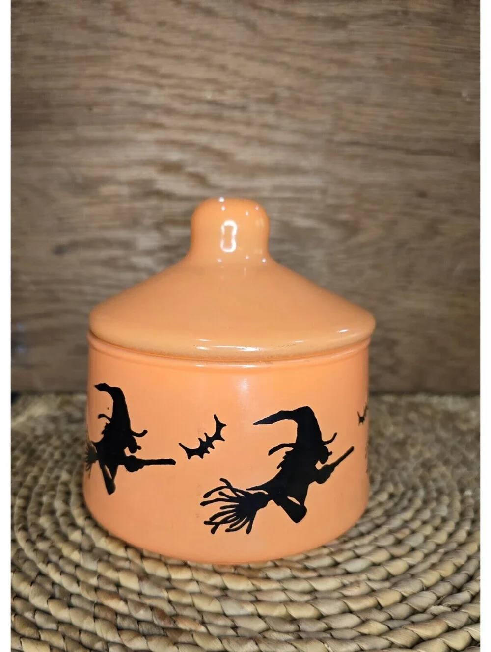 Vintage Indiana Glass Halloween Witch Bat Lidded Jar Candy Dish